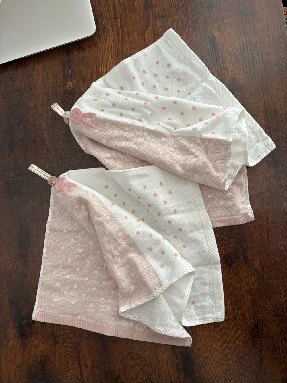 Hand Towels Set of 2, 100% Cotton, Pink Polka Dot, Handmade Bunny Accent